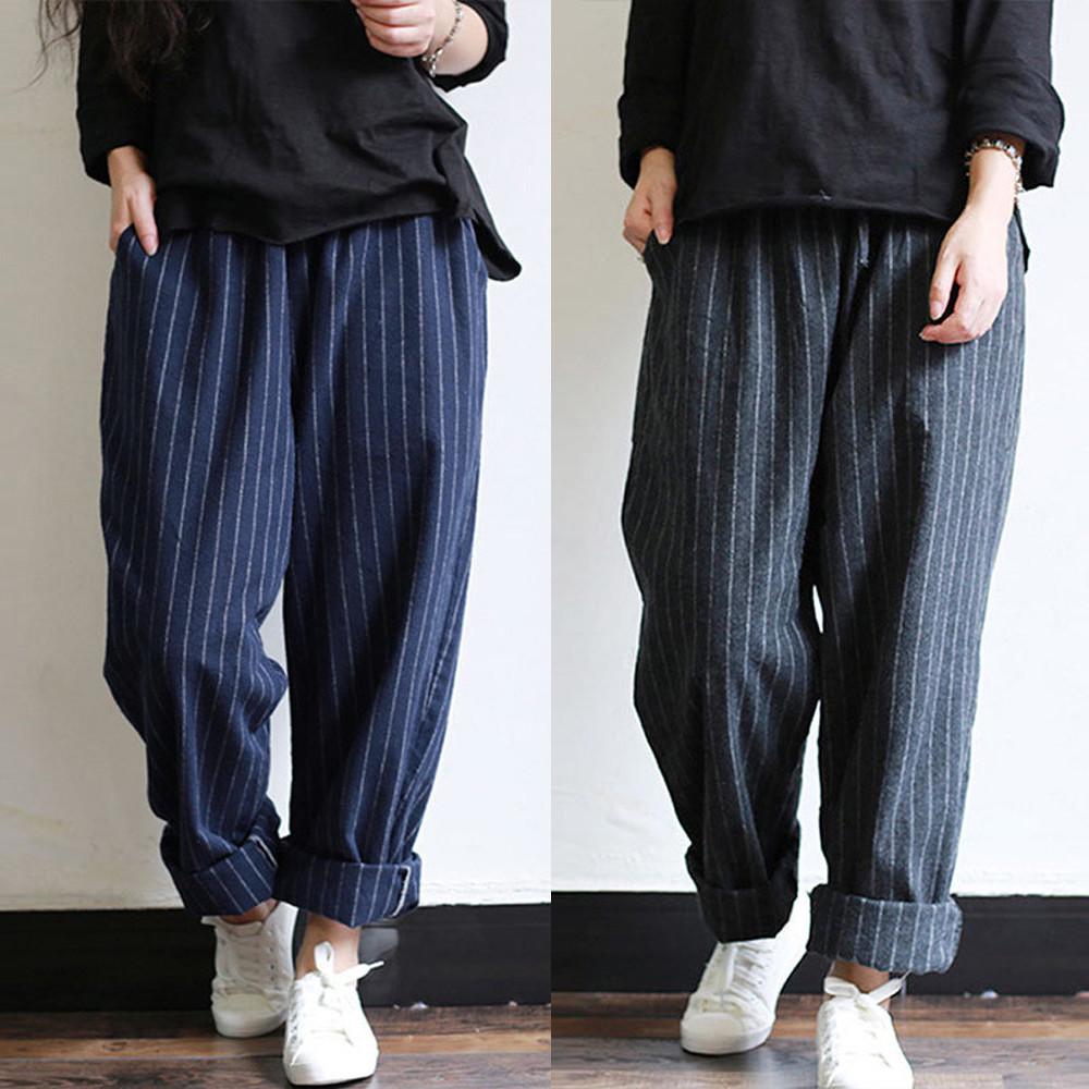 Drawstring Elasticity Split-Joint Striped Harem Pants High Waisted Trousers Pants