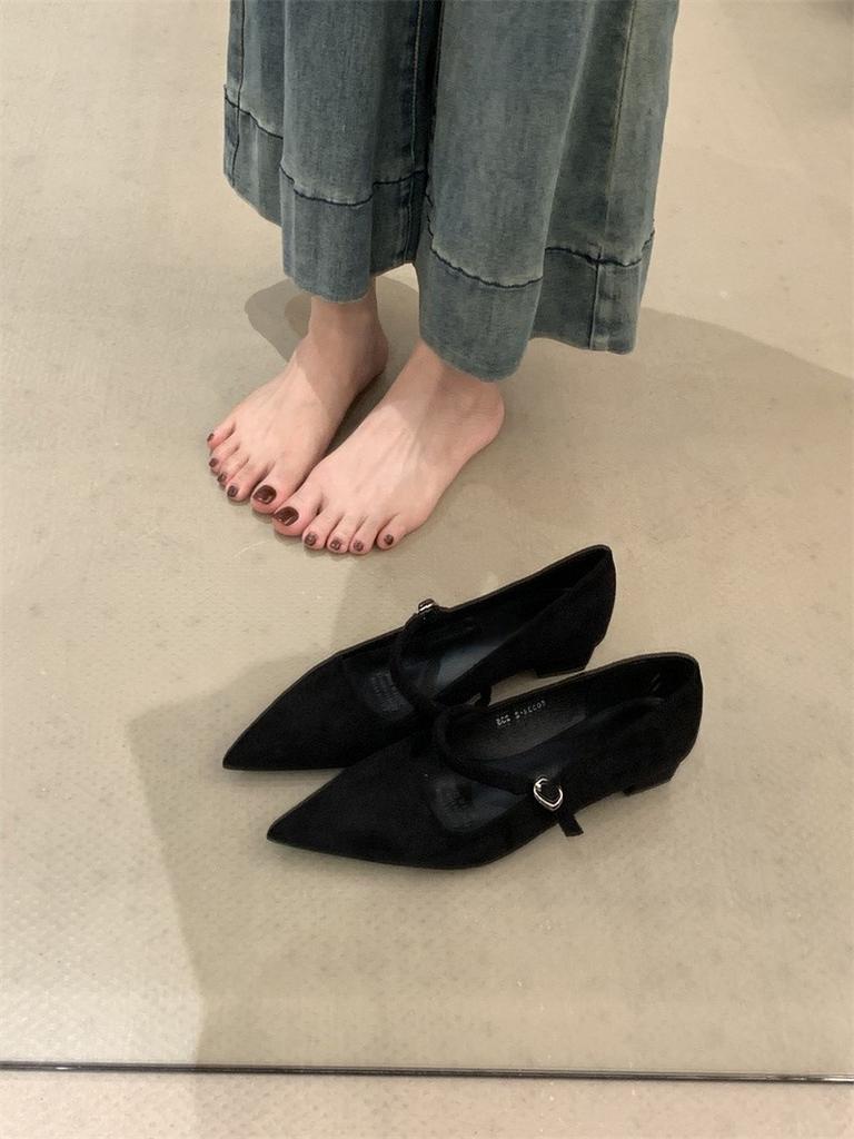 French thick heel pointed Mary Jane shoes 2025 new suede shallow mouth word with suede versatile single shoes