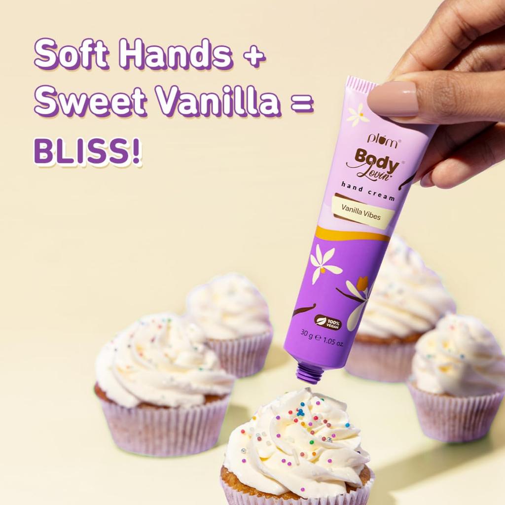 Plum BodyLovin Vanilla Vibes Hand Cream Ultra Moisturizing Lightweight Non Greasy Warm Vanilla Travel Size 30 G
