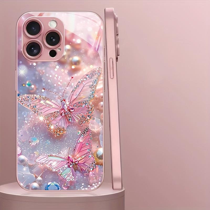 Luxury Butterfly Pearl Pattern Pink Metallic Paint Glass Phone Case For iPhone 11 12 13 14 15 16 17 Pro Max Plus 16E 17Air Cover