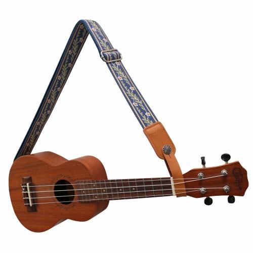 MUSIC FIRST Original Design Vintage Blue "Jasmine" Soft Mesh Belt & Genuine Leather Ukulele Strap, Ukulele Shoulder Strap with One Branded Strap Locke