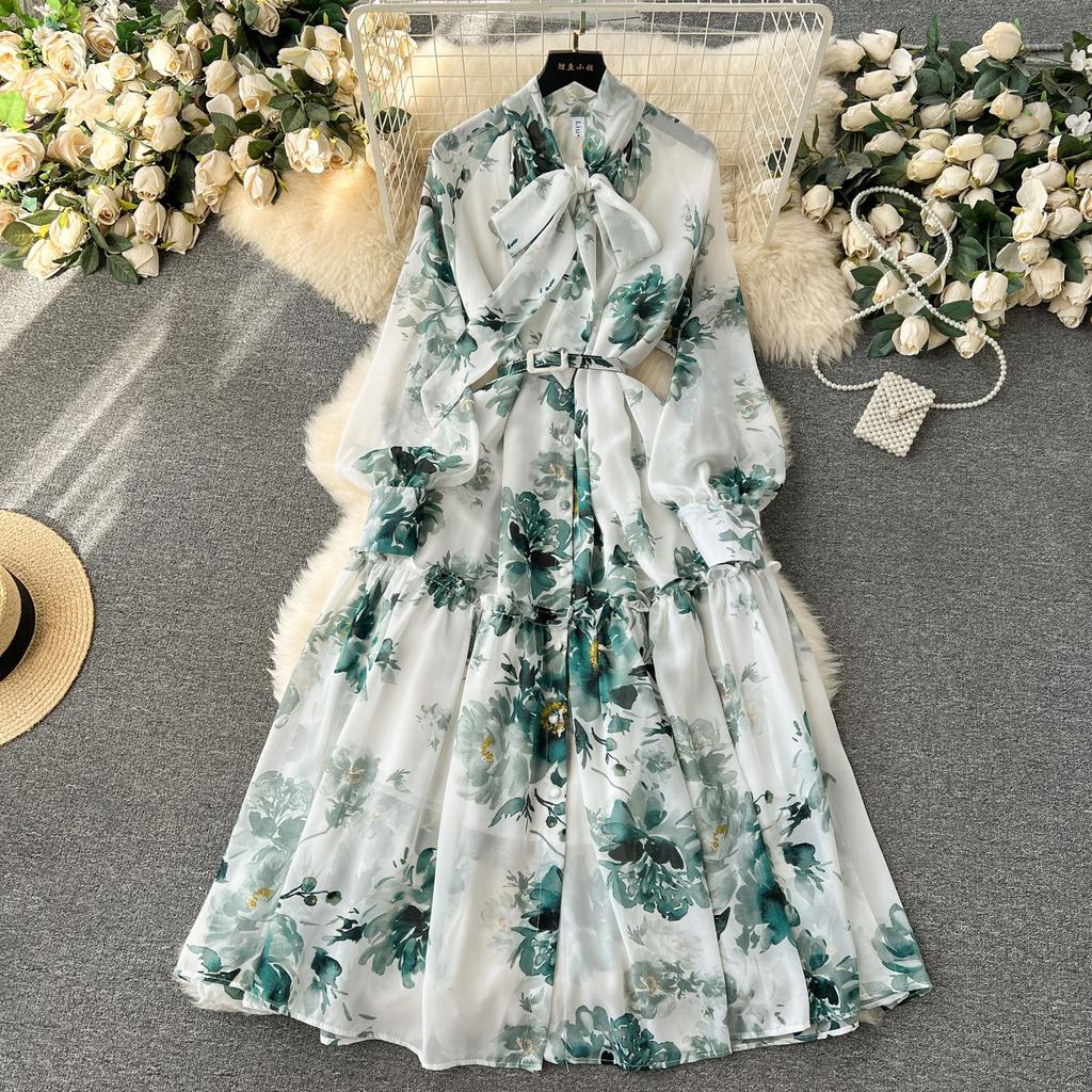 Women Elegant Vintage Mid Dress Bow Neck Retro Flower Print Long Sleeve Dresses with Belt