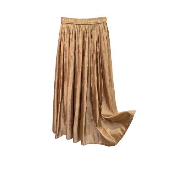Women Maxi Skirt Elastic High Waist Pleated A-Line Swing Skirt Glossy Pearlescent Yarn Chiffon Pleated Skirt