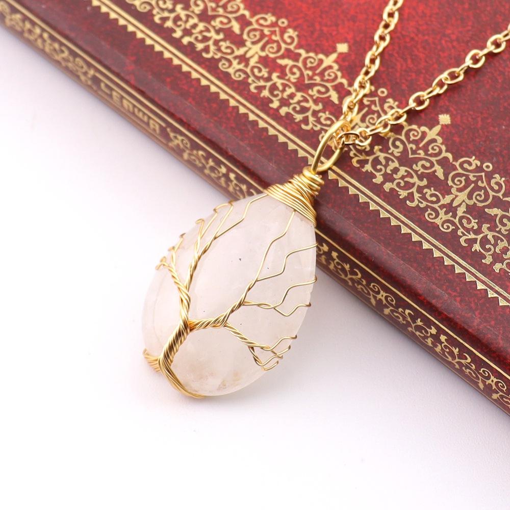 Natural Stone Crystal Agate Water Drop Winding Silk Tree Of Life Pendant Necklace Sweater Chain Water Drop Rough Stone N781