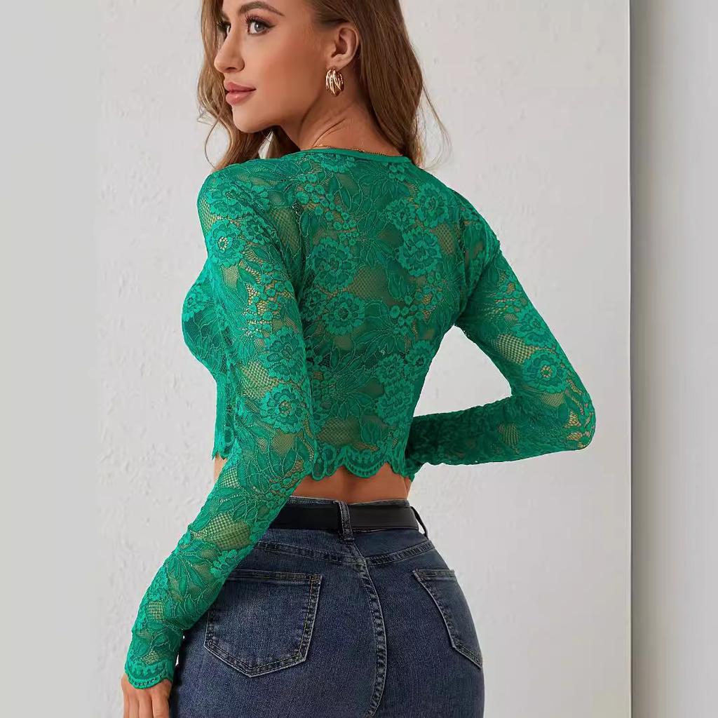 Sexy Jednovrstvá Krajková Krajková Dlouhý Rukáv Krátká Sekce Pulovr Slim Slim Tričko Top Všestranný Nezbytný Kousek Šatníku Módní Kousky Košile