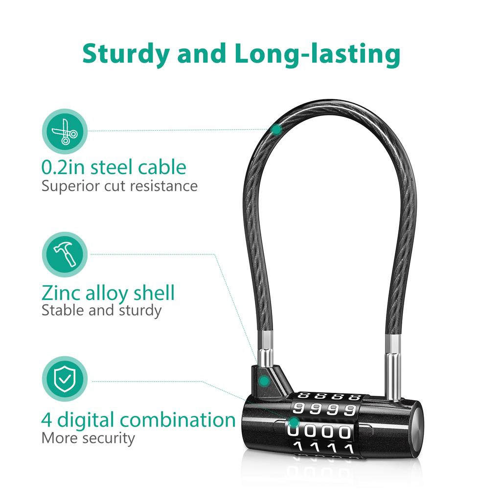 4 Digit Combination Padlock Resettable Padlock with Steel Cable Rope Waterproof Cable Lock Gate Locks for Gym Suitcase Bag Bike