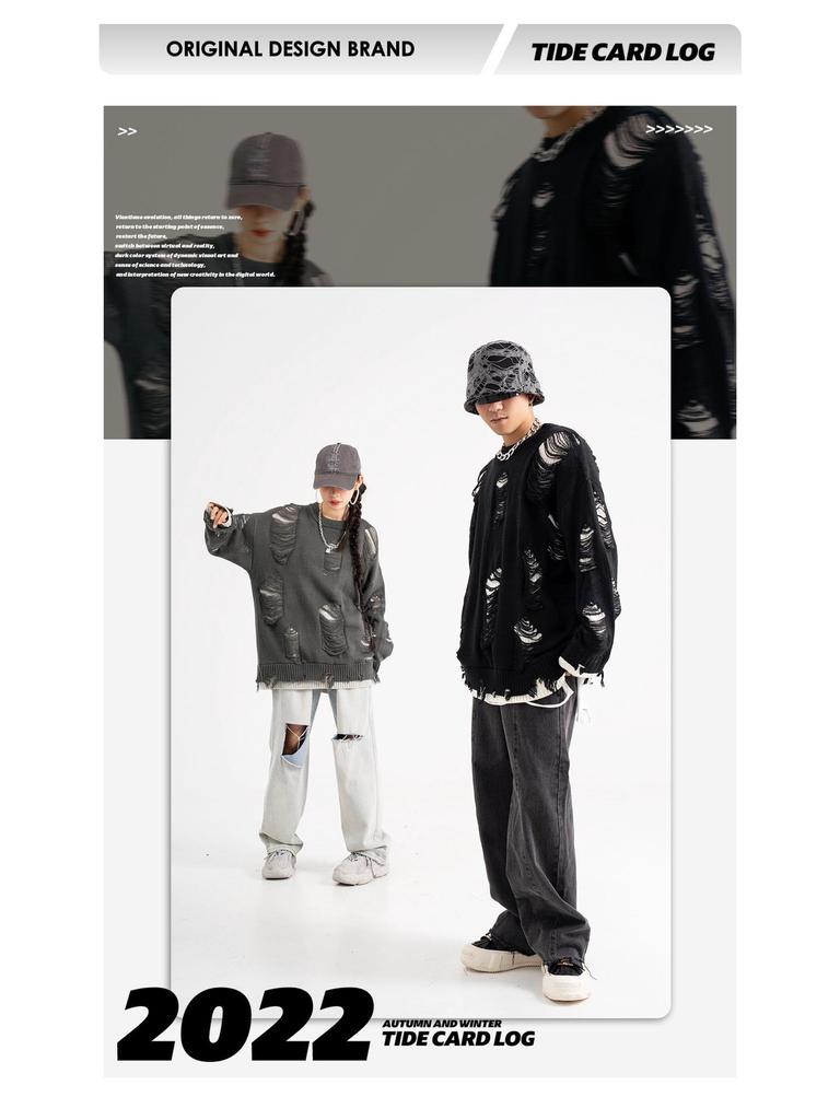 TIDE CARD LOG Nadměrný roztrhaný streetwearový svetr ve stylu dvoudílného kompletu pro muže a ženy