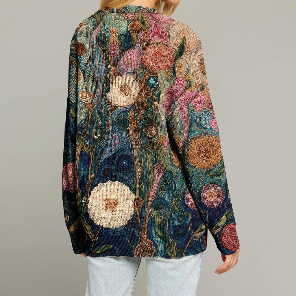 Women's Fashion Long Sleeve Christmas Print V-Neck Button Loose Cardigan Top