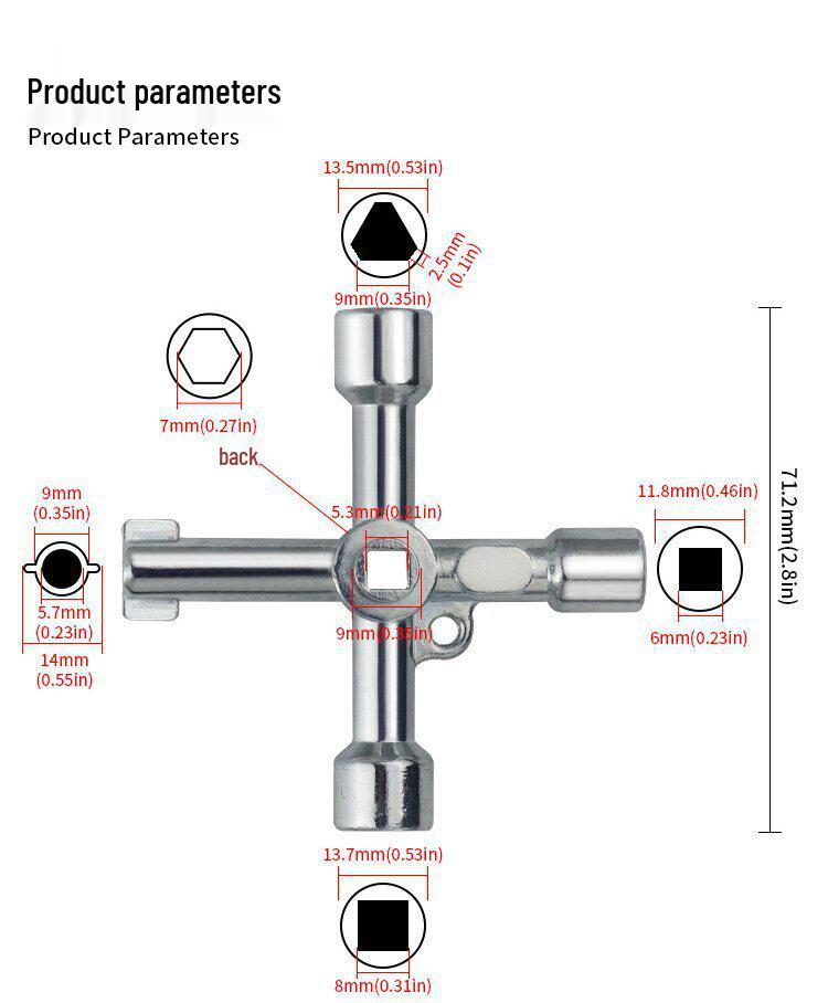 Multi-Spec Electric Control Cabinet Key: Cross, Triangle, Square & Round Hole Adapter for Elevator, Water Meter, and Valve Access.