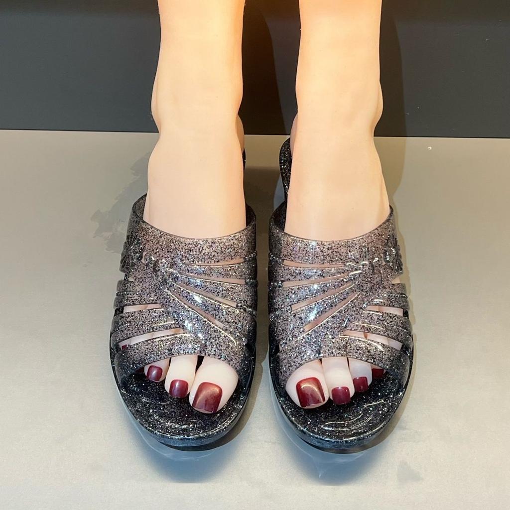 Transparent Jelly Slippers Women's Summer Wedged Heel Mules Shoes Woman Sparkling Glitter Sandal Open Toe Outdoor Clear Slipper
