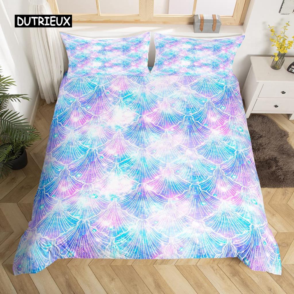 Fish Scales Duvet Cover Set Pink Fish Scales Pattern Colorful Twin Bedding Sets for Girls Women Microfiber 2/3Pieces Quilt Cover