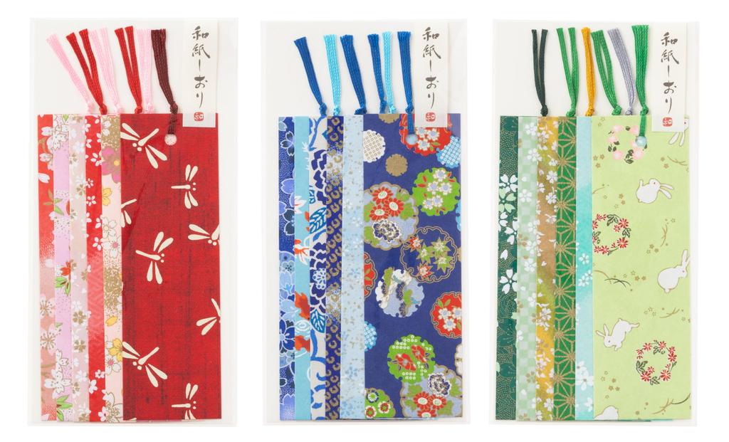 Kawasumi Washi Yuzen Washi and Set of 18 Stencil-Dyed Bookmarks, Blue, Reddish-Pink, Green,
