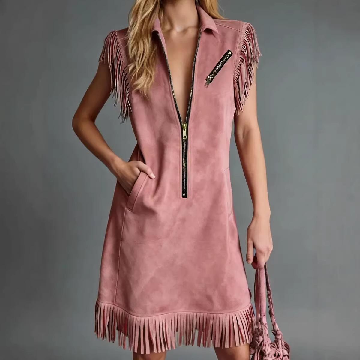 Women s Western Fringe Suede Dress Half Zip Collared Sleeveless Casual Mini Dress S розовый
