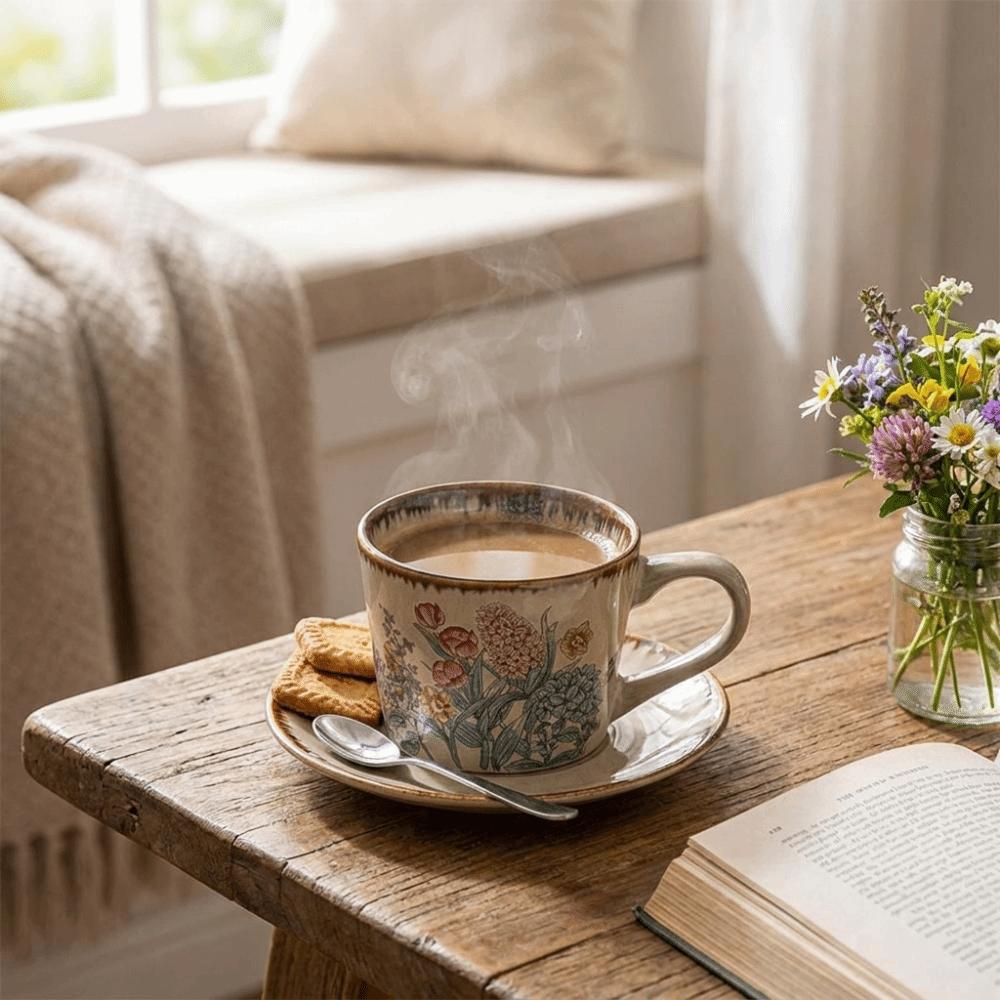 Floral Pattern Ceramic Coffee Cup 385ml Exquisite Water Cup Antique Style Mug Living Room