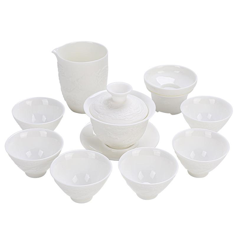 Dehua relief suet jade white porcelain tea set business simple six cups kung fu tea set gift box set gift