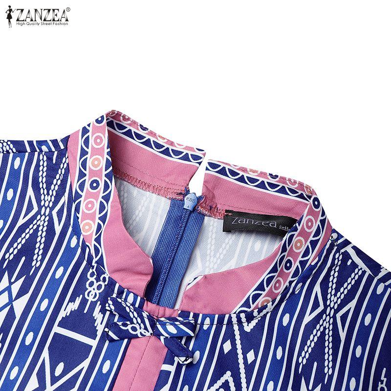 ZANZEA Women Casual Stand Collar Summer Short Sleeve Print Dress