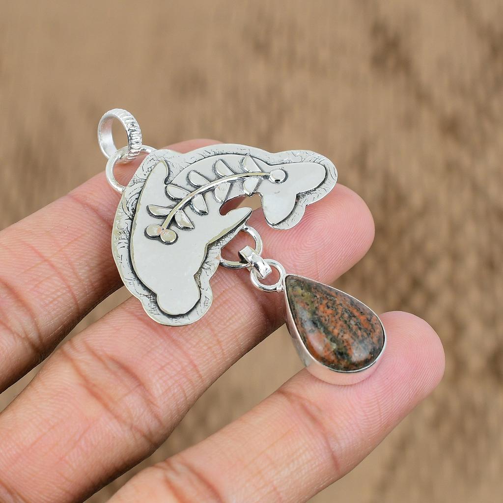 Birthday Gift For Her Natural Grass Garnet Gemstone Pendant Fish 925 Silver