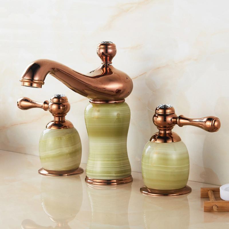 Tuqiu Luxury Rose Gold Bathroom Faucet Brass Jade Basin Faucet Widespread Sink Faucets 3 Hole Hot Cold Sink Faucet Water Tap