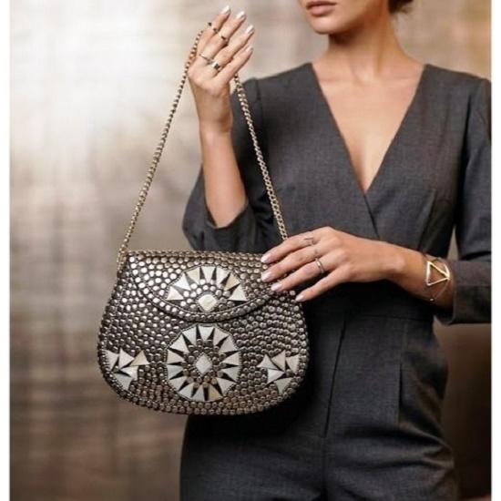 Vintage Bridal Women's Antique Brass Purse Ethnic Handmade Metal Clutch Bag Silver