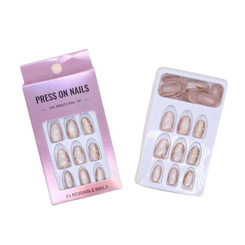 Paznokcie z efektem migdałowego oka, sztuczne paznokcie z kwiatowym wzorem, pełne pokrycie, klej na paznokciach, błyszczące akrylowe paznokcie, sztuczne paznokcie