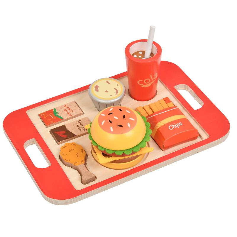 Children's simulation wooden playhouse burger fries sandwich set column pairing puzzle cutting assembly toy