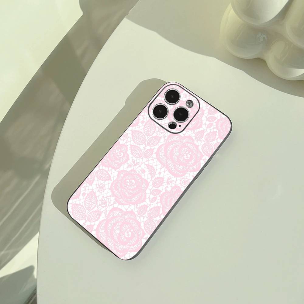 L-Lace Print Pattern Phone Case For iPhone 17,16,15,14,13,12,11 Pro Max, Lightweight and Practical Soft Black Cover