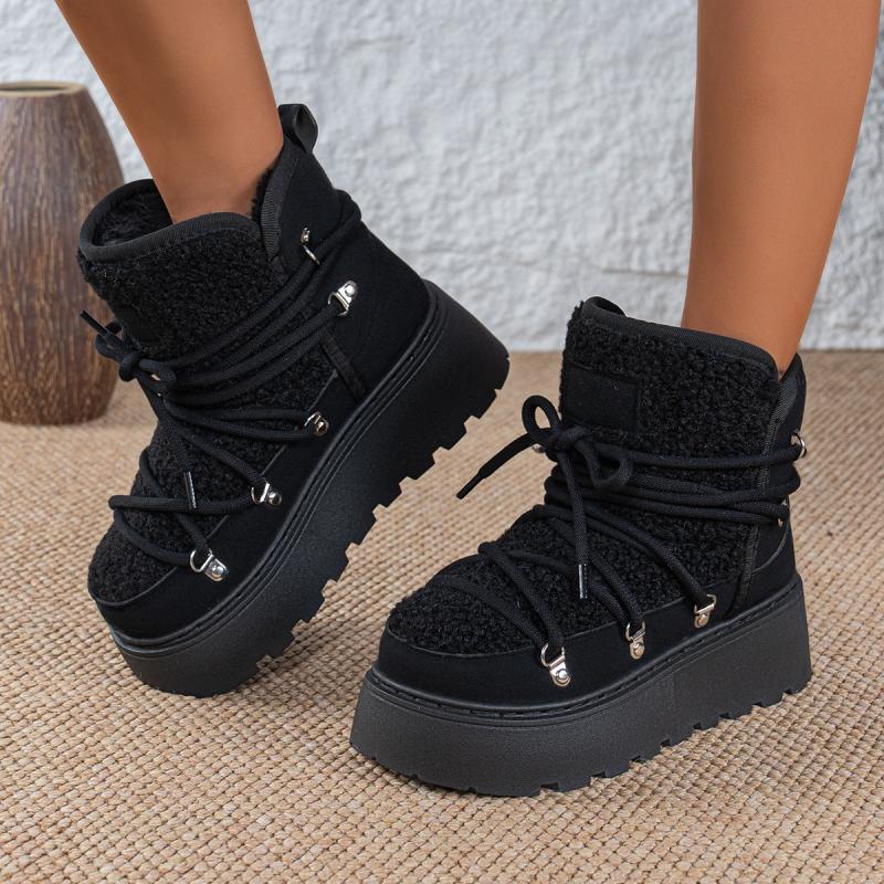 Mode Weiche Dicke Sohle Pelzige Schneestiefel Damen 2025 Winter Schnürung Dekoration Stiefeletten mit Plateau Warmes Kurzes Plüsch Damenschuhe