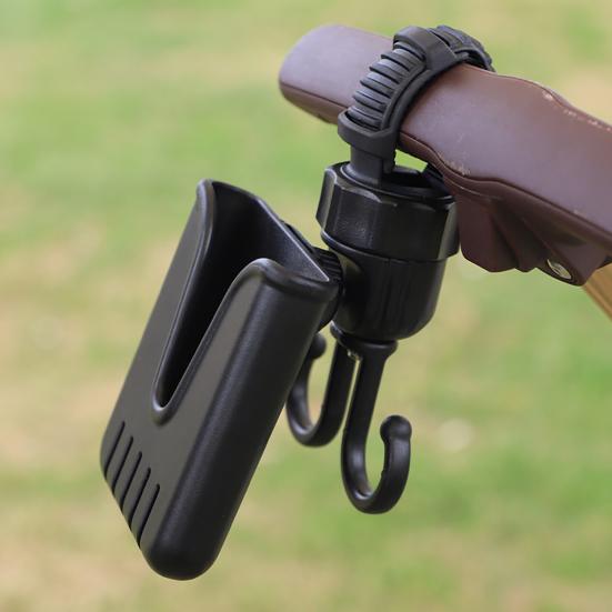Stroller Hook Phone Stand Organizer 360 Degree Rotation Storage Hook Dual Function Stroller Phone Holder for Shopping Bags Bike Black