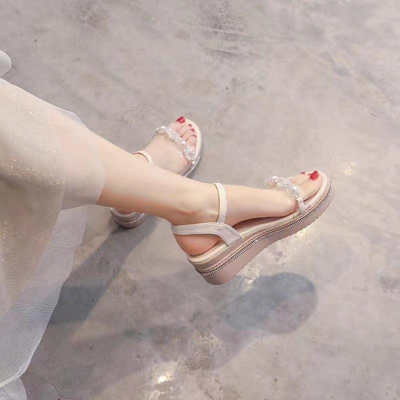 Fashion pearl beading transparent platform sandals women thick bottom summer wedges shoes ankle strap gladiator sandalias mujer 2025