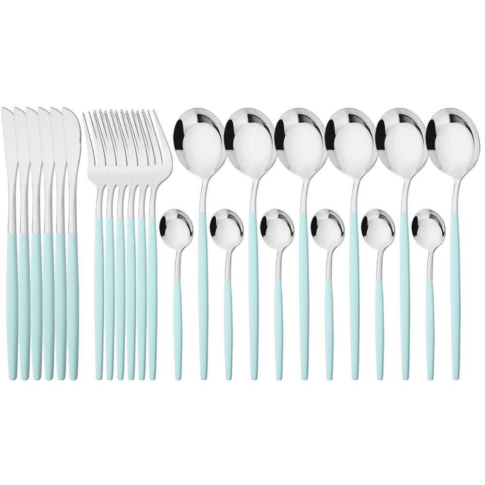 24pcs Blue Silver Dinnerware Set Dinner Knife Fork Tea Spoon Cutlery Set Stainless Steel Tableware Western Home Kitchen Flatware
