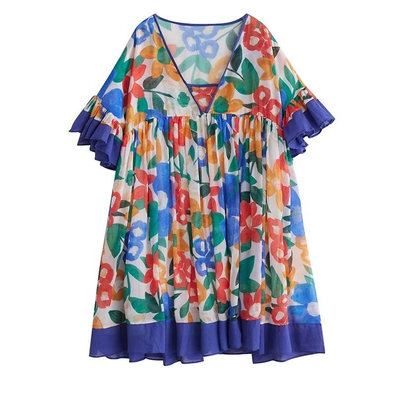 

XITAO V-neck Print Patchwork Dress ZMY1256 One Size синий
