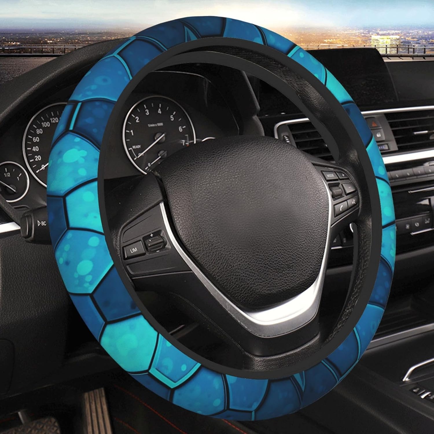 Blue Hexagon Steering Wheel Cover Elastic Stretch Car Steering Wheel Cover Breathable Anti-Slip Steering Wheel Protector Universal 15 Inch Car