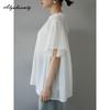 Korean Style Spring Summer Women Casual Loose Blouse Ruffled Collar White Black Pleated Blouse Batwing Sleeve Elegant Office Lady Blouse