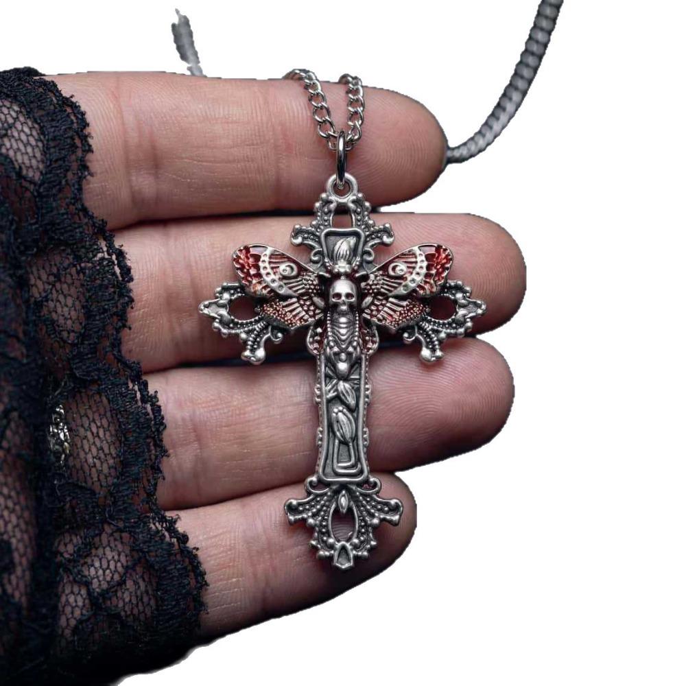 Victoria Gothic Death Skull Head Moth Cross Pendant Necklace for Women Men Halloween Witch Pagan Alternative Aesthetics Jewelry