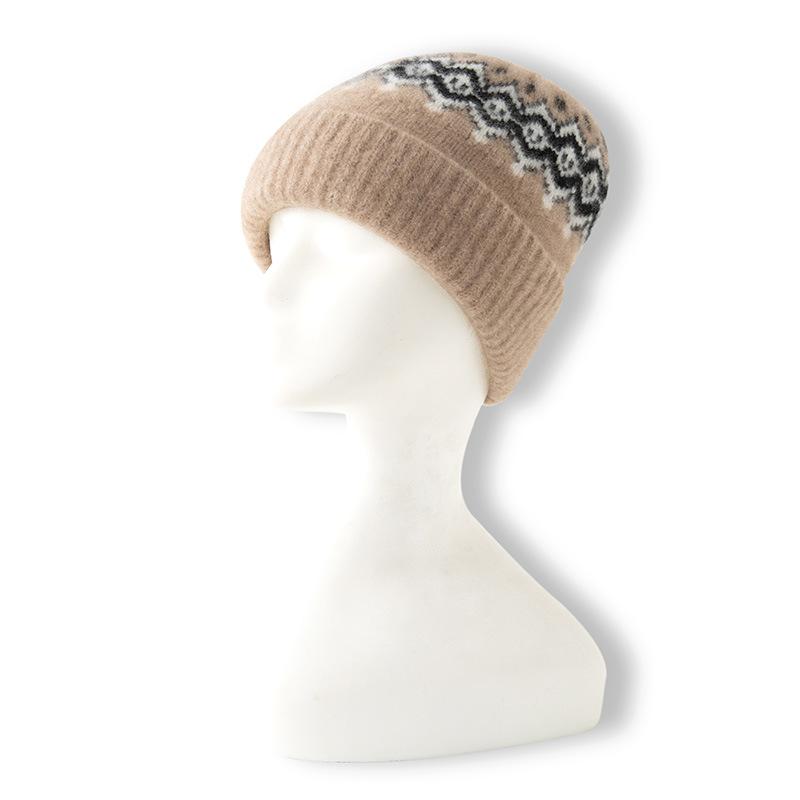 Cashmere Autumn and Winter New Women's Color Blocking Retro Jacquard Warm Ear Protecting Flanged Headscarf Knitted Hat