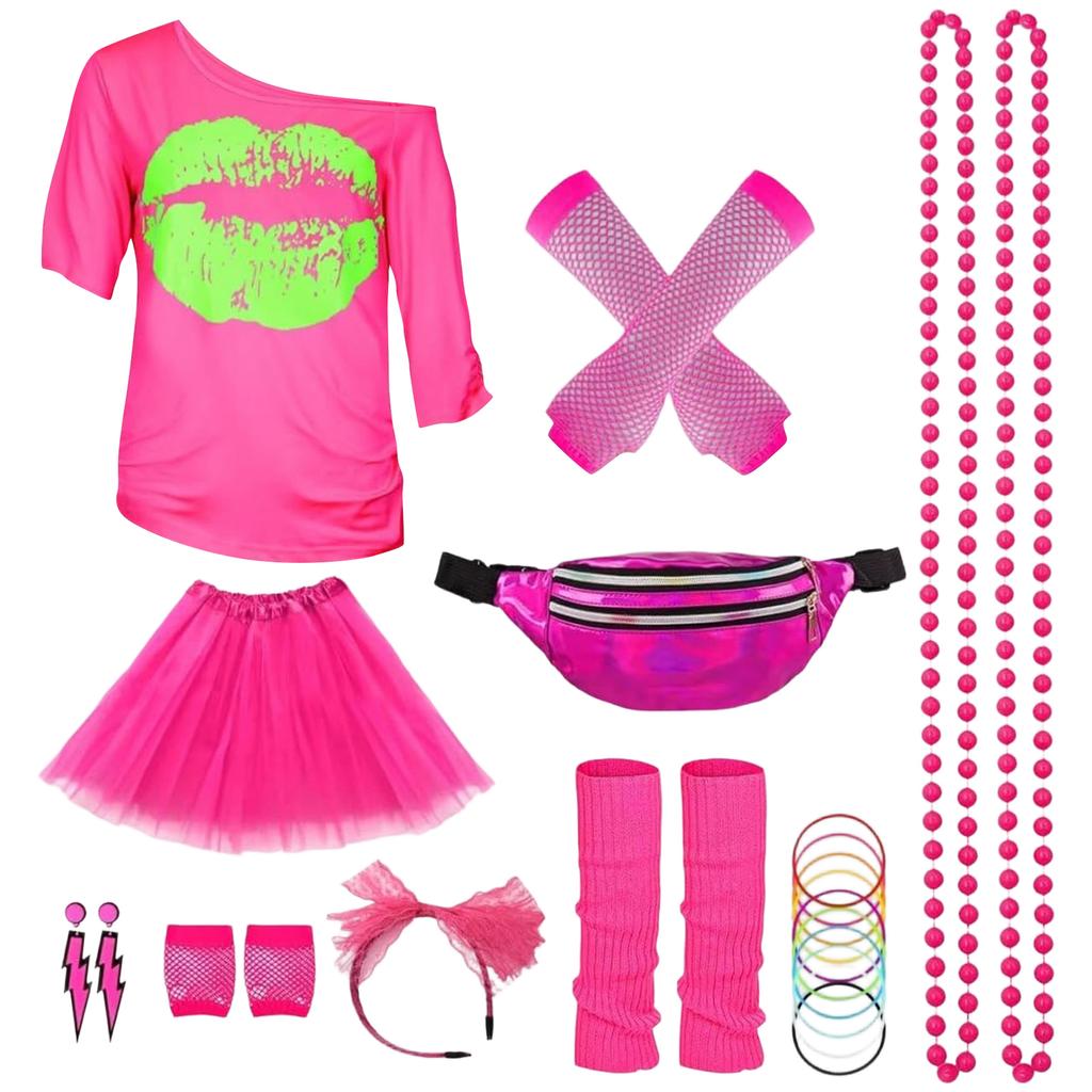 80s Outfit Women's Set, T-shirt, Belt Bag, Headband, Earring, Necklace, Fishnet Gloves, 80s Clothing Costume Neon Accessories Theme Party Clothes