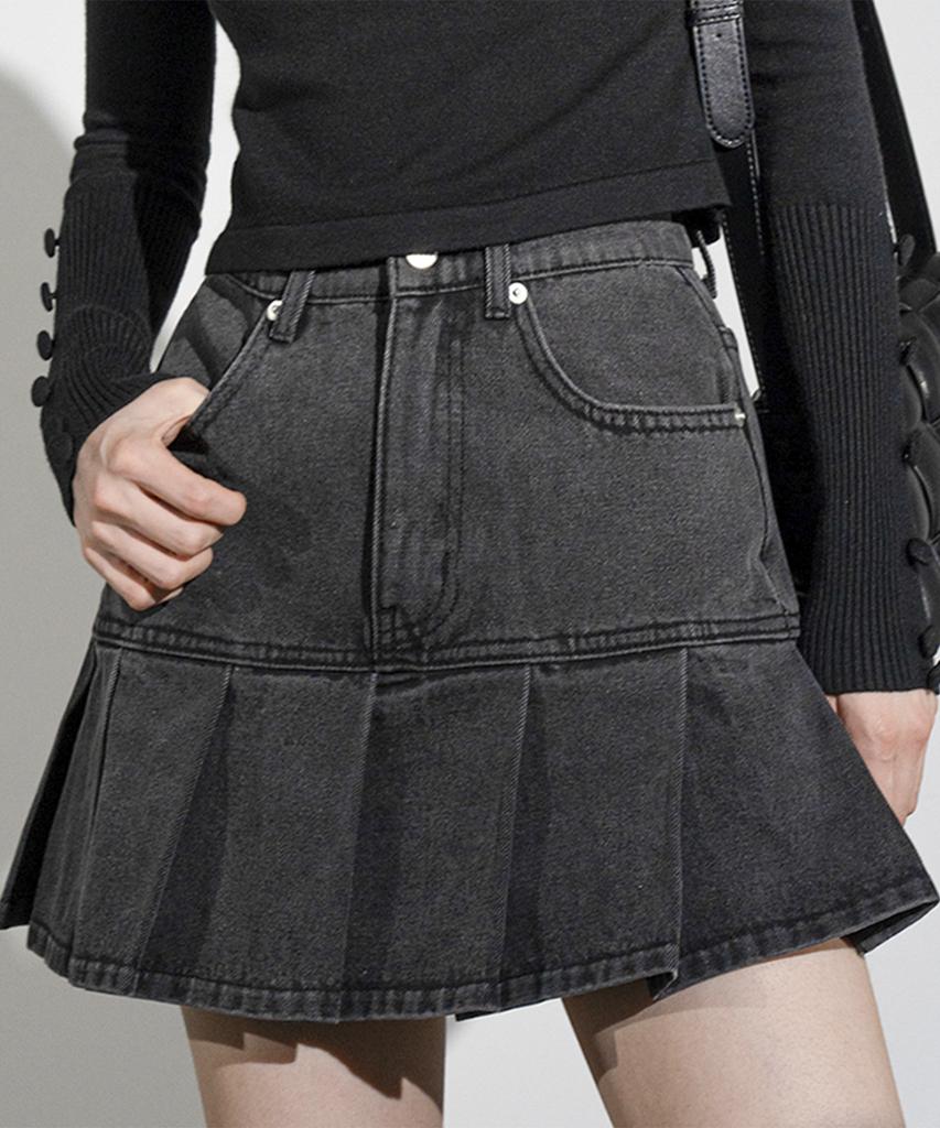 AVANDRESS Pleats Denim Skirt Black