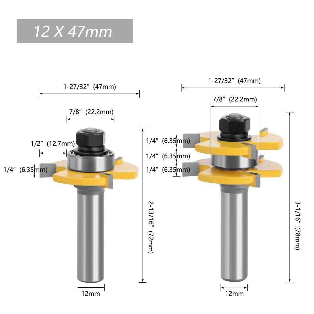 12 mm Hartmetall-Fräser mit Halbgriff und 3 Zähnen, T-Typ, für die Holzbearbeitung