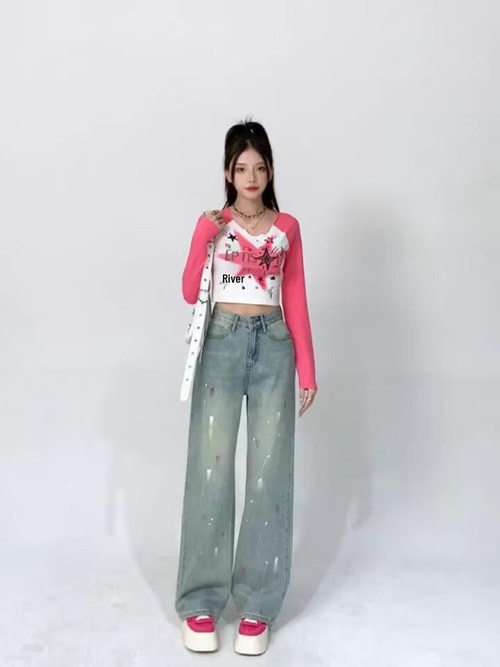 

Джинсы с широкими штанинами светло-голубого цвета с эффектом брызг краски и потертостями для женщин S: Height 155-165CM (37.5-45kg)