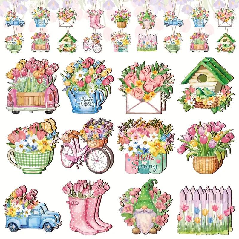 

24pcs Spring Flower Wooden Ornaments for Tree and Home Decor