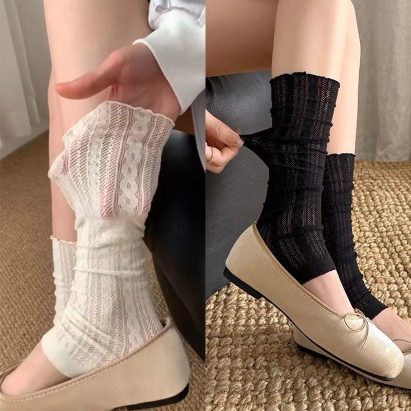 Ballet Stamped Foot Pile-Up Leg Covers Women Summer Thin Twisted Mesh Breathable Ruffle Leg Warmers Paired With Knee-High Boots