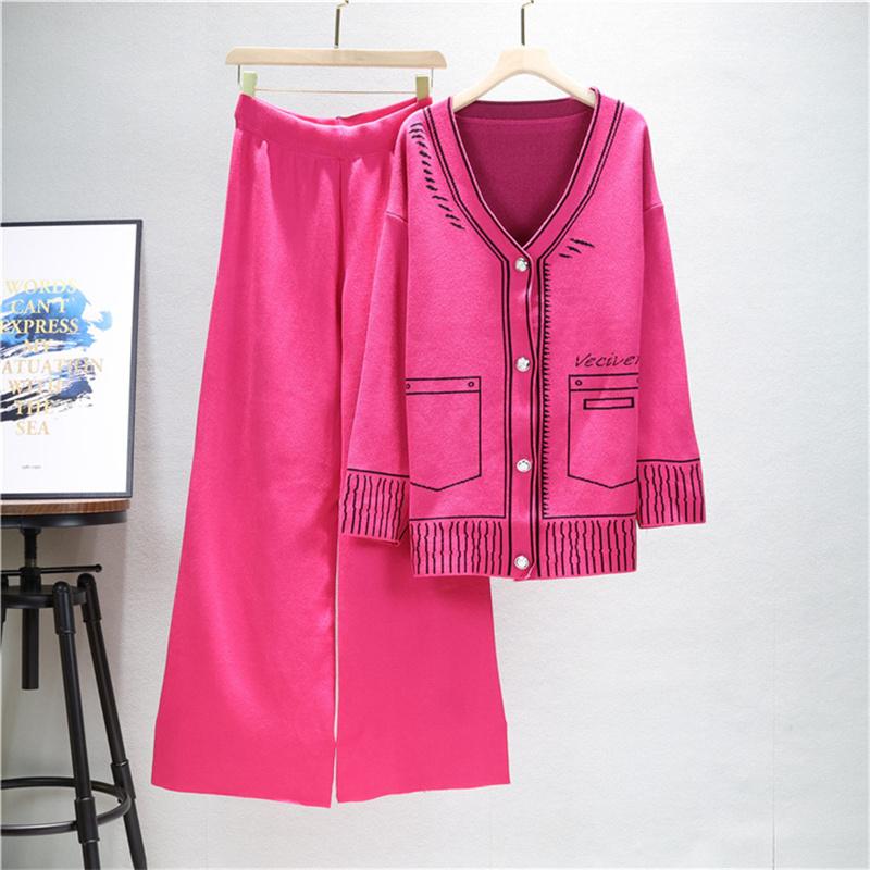 

Женский модный осенне-зимний костюм, свободный вязаный топ средней длины, брюки широкого кроя, комплект из двух предметов One Size розы красного