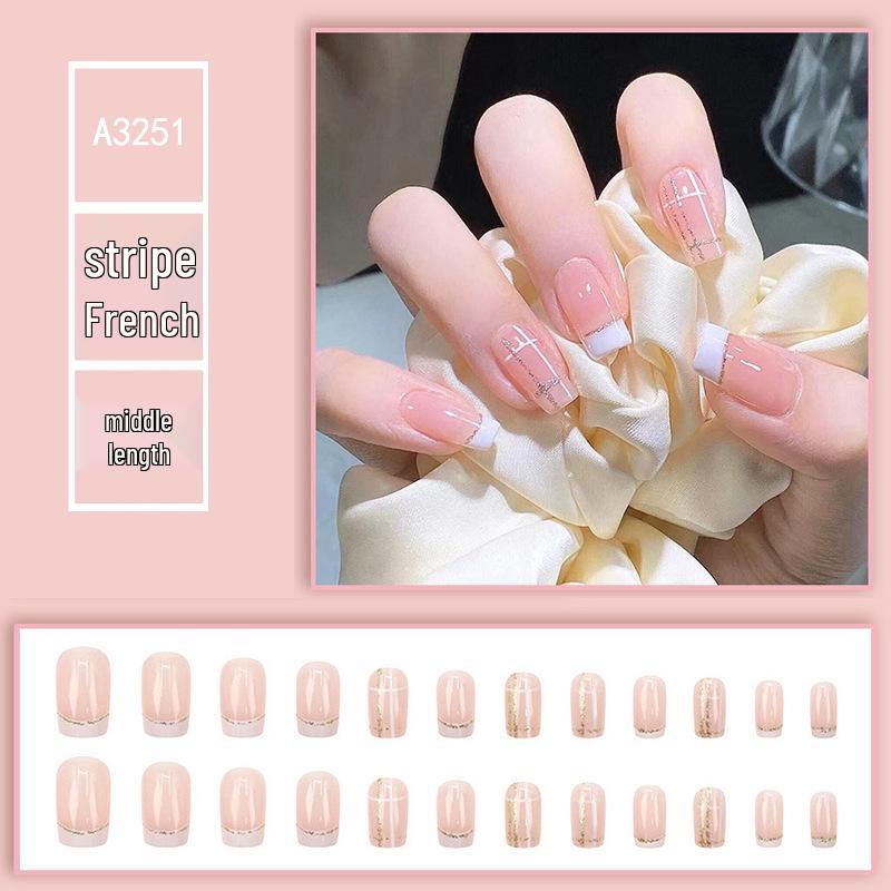 

Средне-длинные розово-золотые блестящие накладные ногти френч - европейская форма, один размер