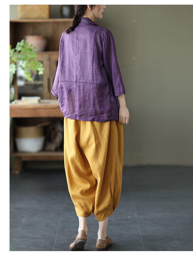 Women's Dopamine Retro Zen Style Elastic Waist Cotton Linen Cropped Harem Pants for Spring Summer