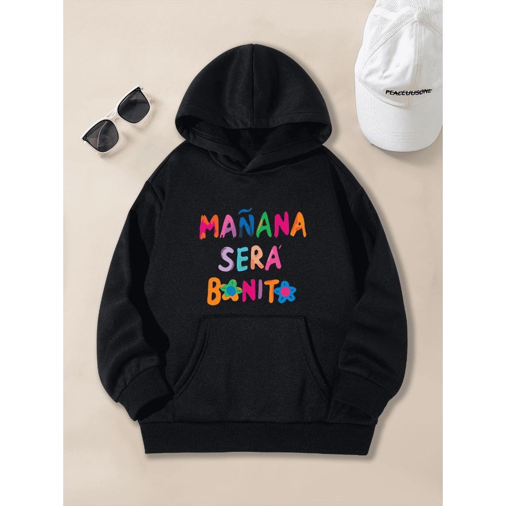 Tween Girls Manana Letter Graphic Hooded Sweatshirt Soft Cozy Long Sleeve Casual Tops for Fashionable Outfits