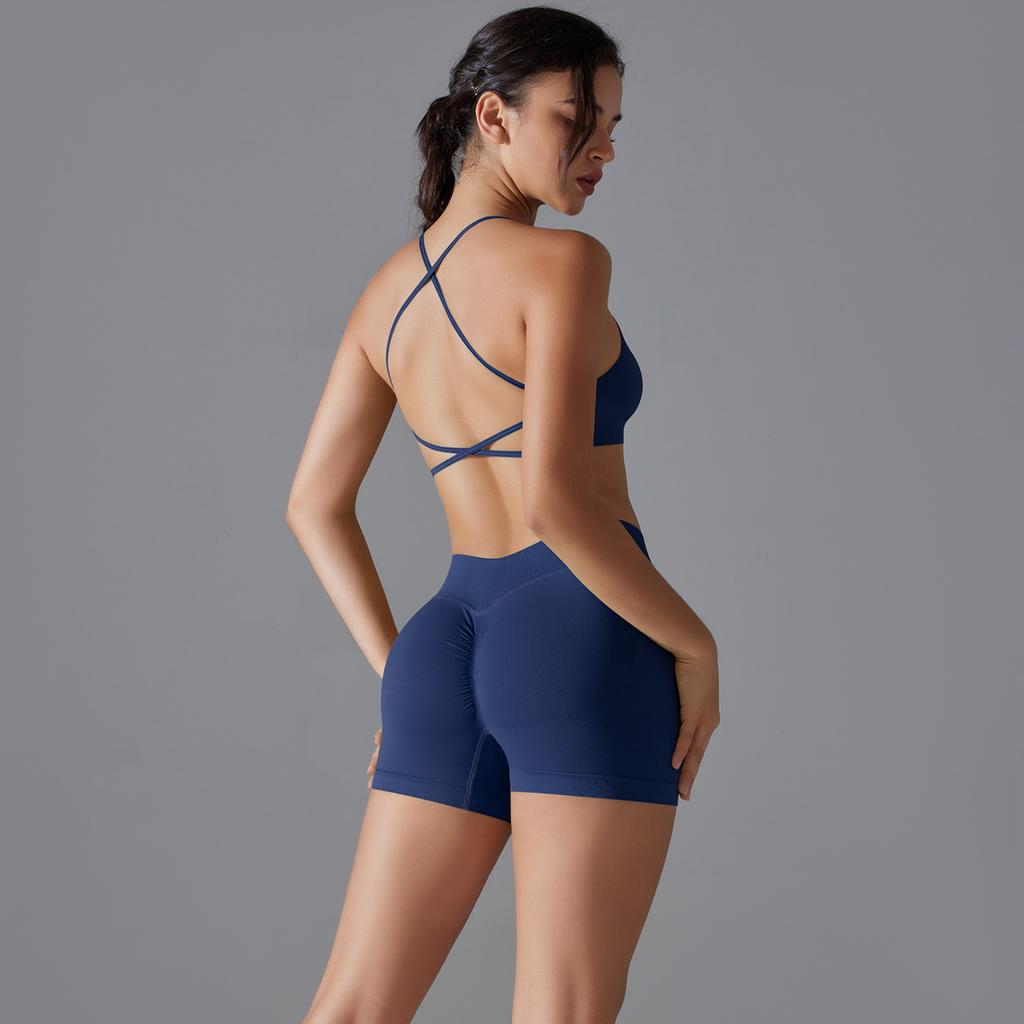 Seamless Cross Yoga Suit Breathable Quick Drying Tight Fitting Sports Suit Running Fitness Suit Two-Piece Set For Women