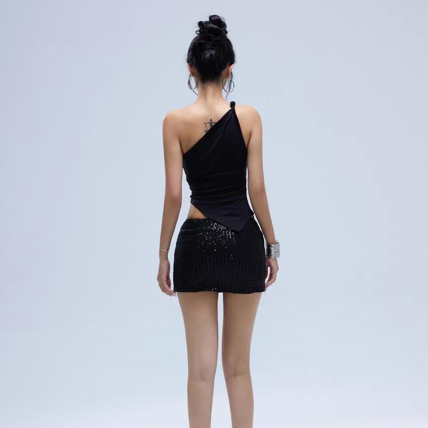 2025 Nové Módní Ležérní Dámské Tričko Jednobarevné Jedno Rameno Asymetrický Slim Fit Top Jednodílný Výstřih