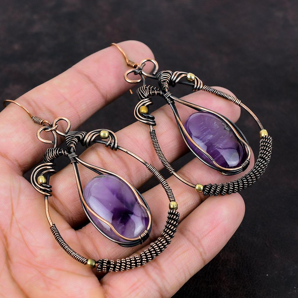 Star Amethyst Earring Copper Wire Wrapped Earring Genuine Gemstone Jewelry Handmade Earrings Very Pretty Copper Jewelry Women's Special Gift