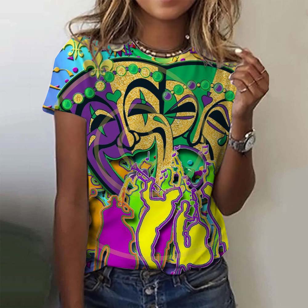 Dámská grafická trička s motivem slavnostní masky Mardi Gras, ležérní letní novinka na dovolenou s klopou a krátkým rukávem, karnevalové oblečení