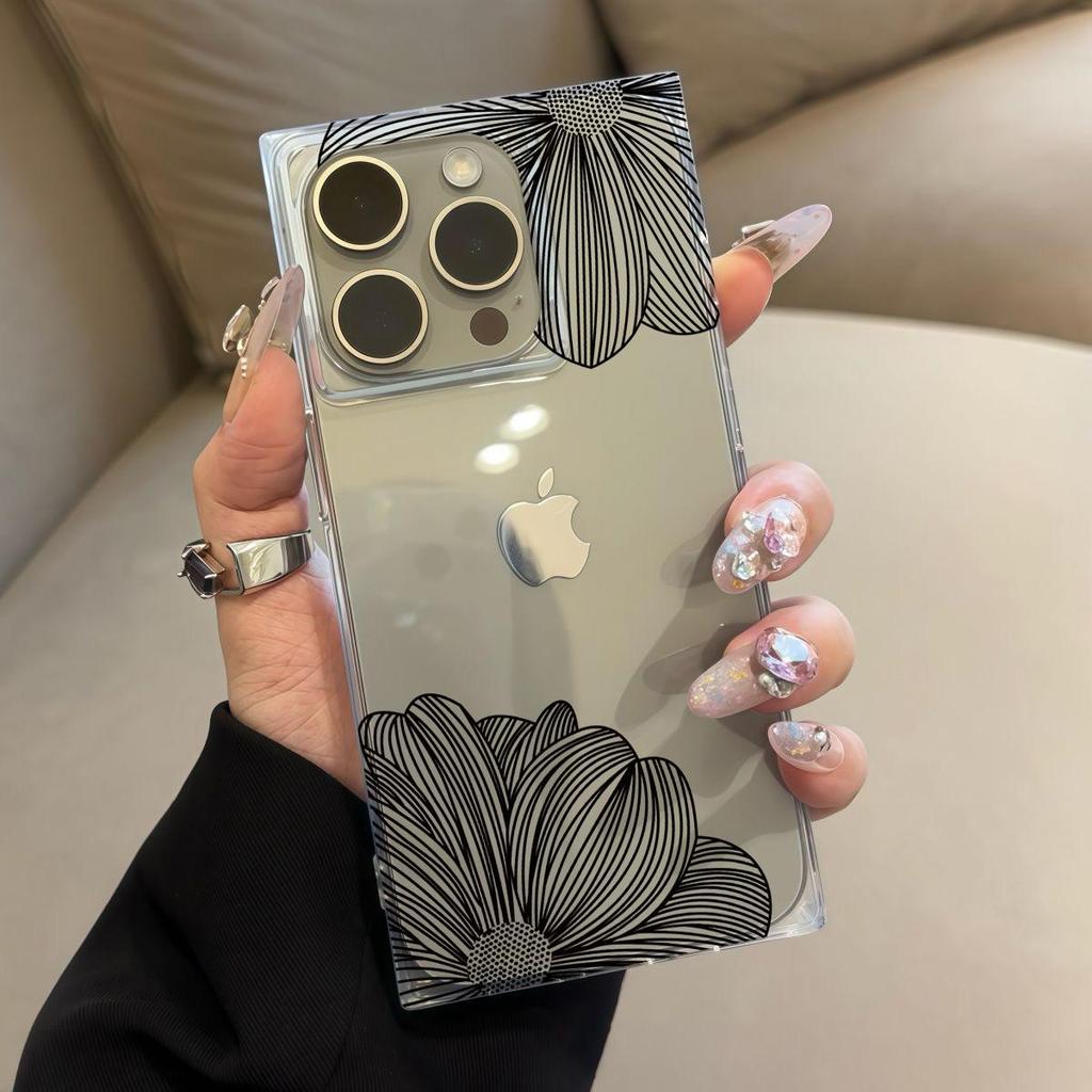 Square Back Tube Protection Clear Case For iPhone 14 Pro Max 11 12 15 Plus 16 ProMax 13 Anti-Oxygen,Black Line Petals Pattern Casing